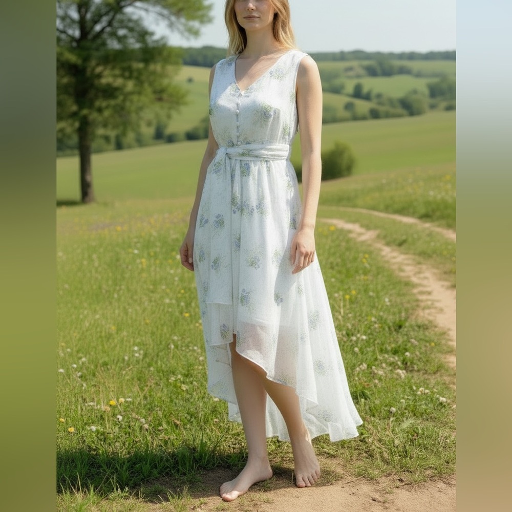 Lolita Lempicka Paris 100% Silk Floral White Blue Green Wrap Midi Dress Size 38